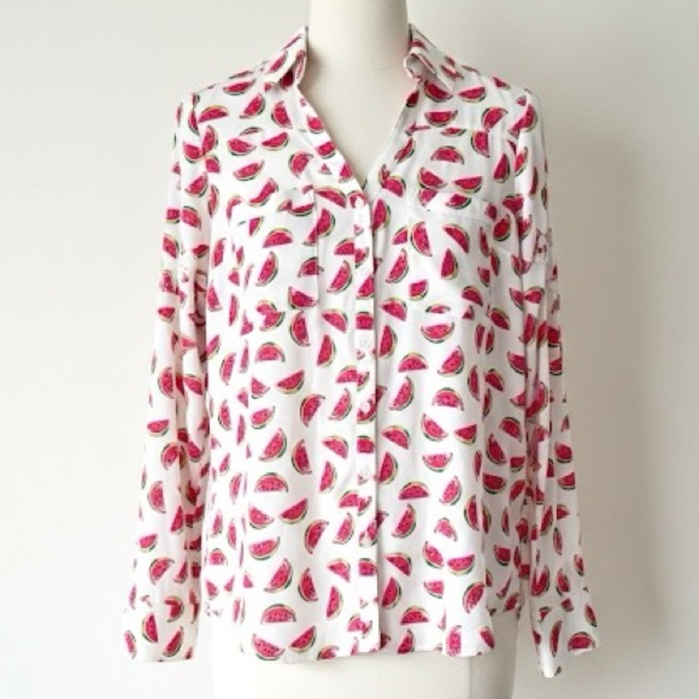 Express Portofino Shirt Watermelon Print Long Sleeve Roll Tab Button Up Size S